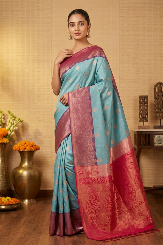 Greyish blue designer soft silk saree