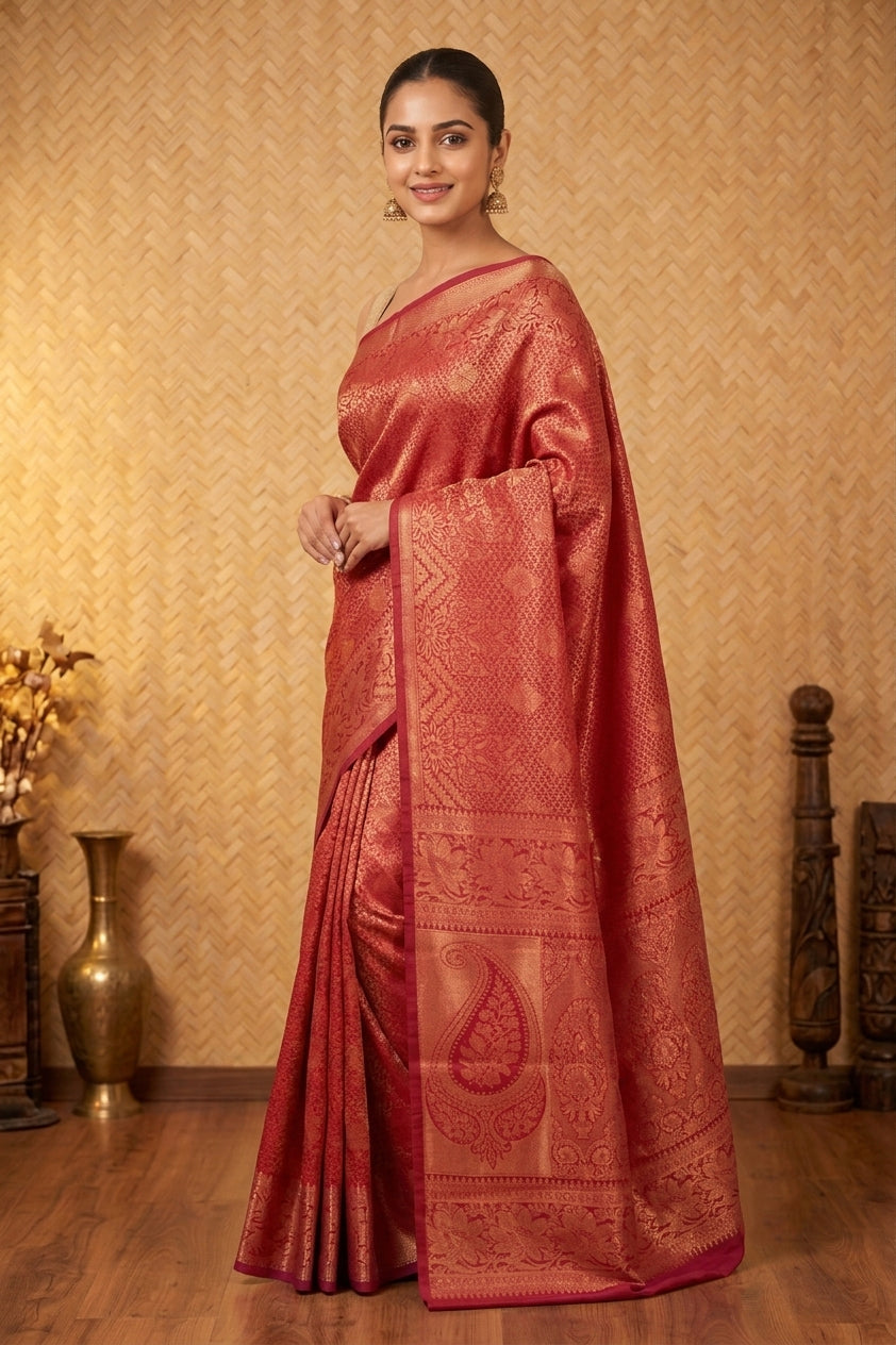 Blood red designer brocade semi silk saree