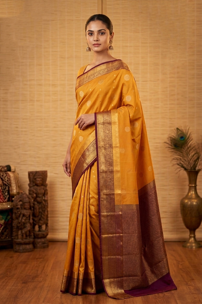 Golden and purple soft silk saree