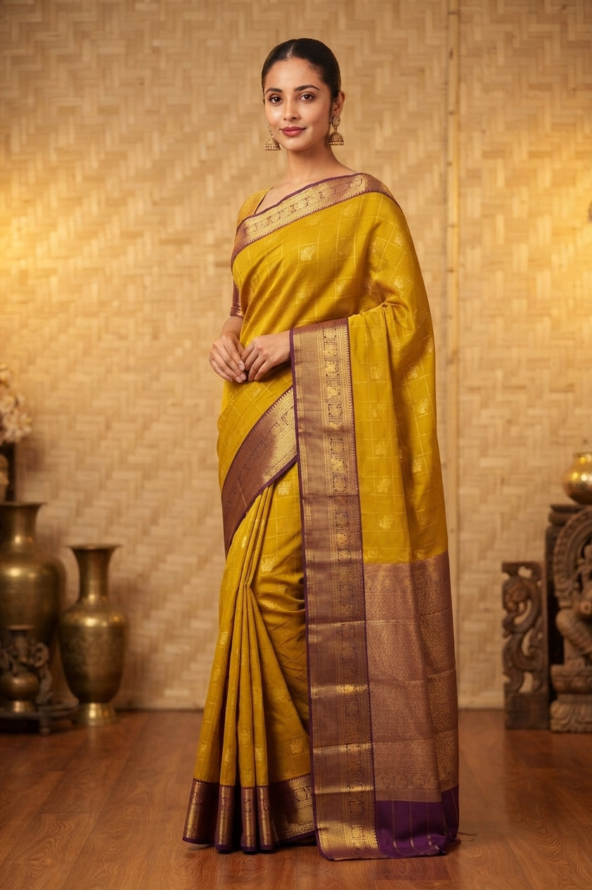 Mehendi green and purple soft silk saree