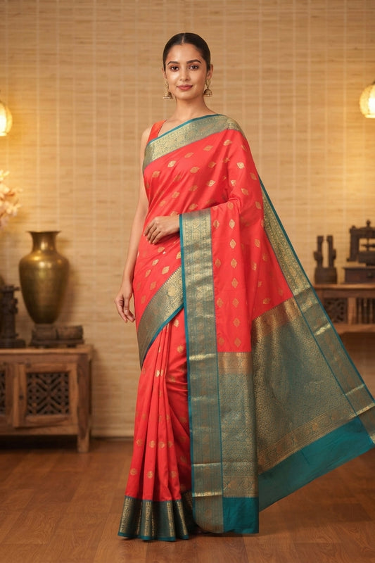 Red and teal korvai semi silk saree