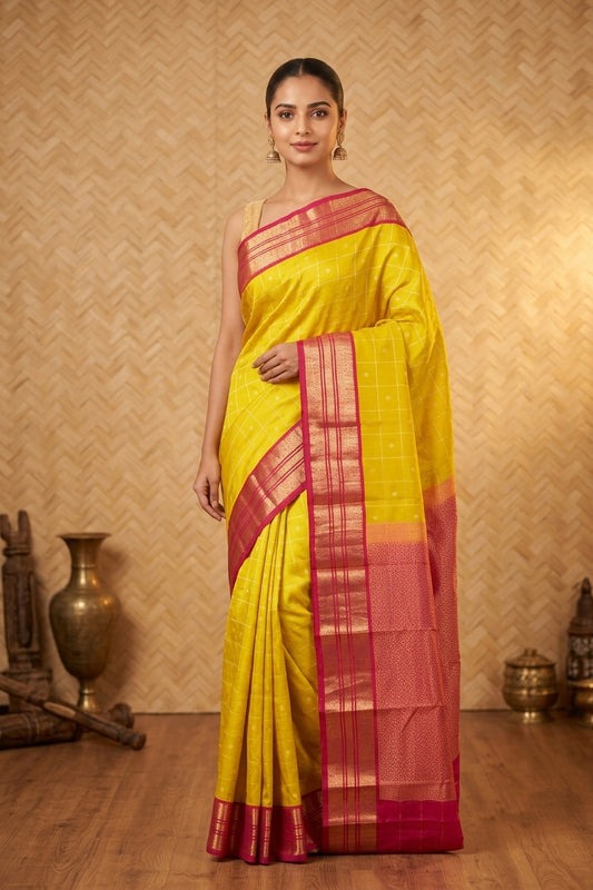 Leaf green and pink checked pure touch silk saree