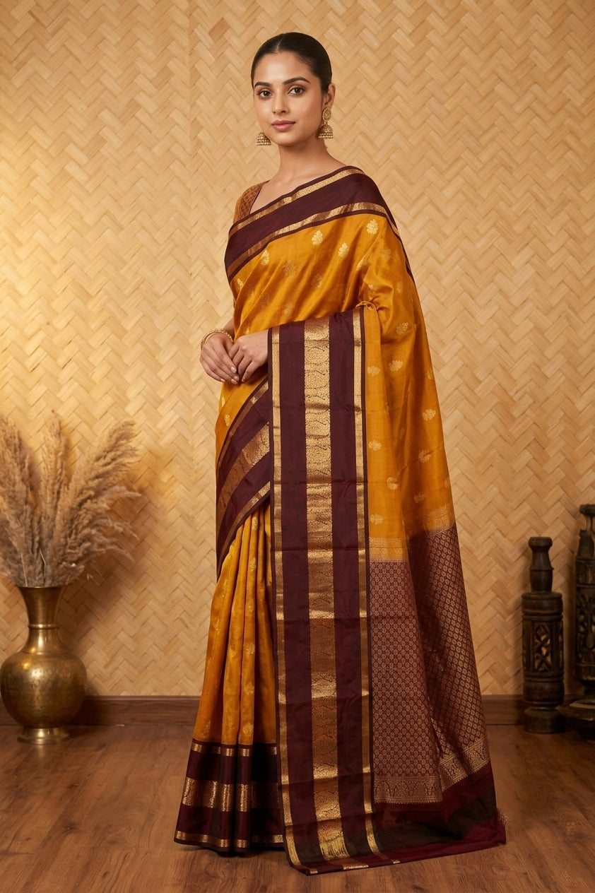 Mustard and arakku traditional pure touch silk saree