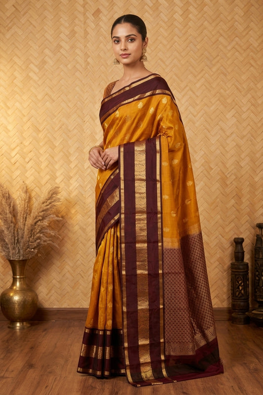 Mustard and arakku traditional pure touch silk saree