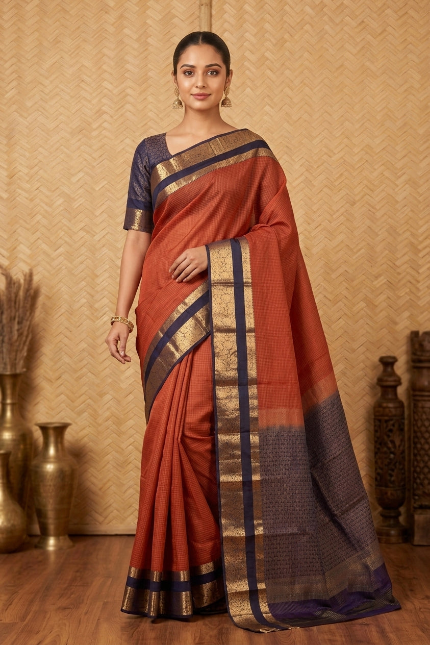 Rust and blue pure touch silk saree
