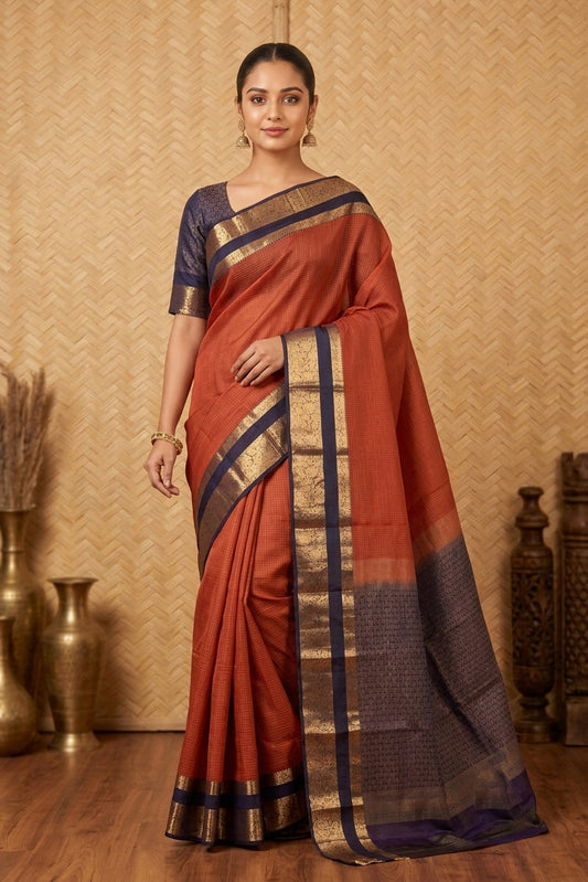 Rust and blue pure touch silk saree