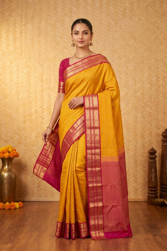 Yellow and pink zari checked silk saree