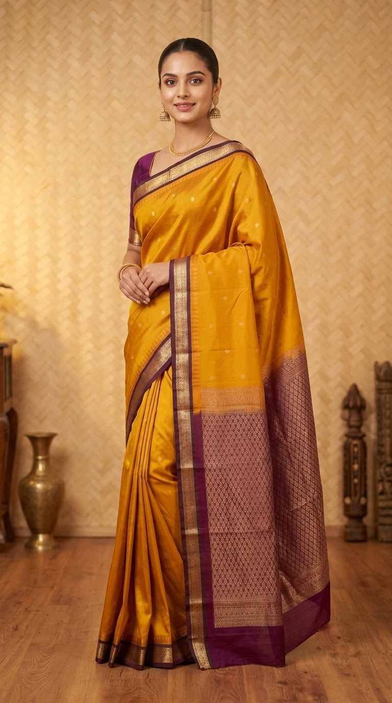 Manjal and wine purple pure touch silk saree