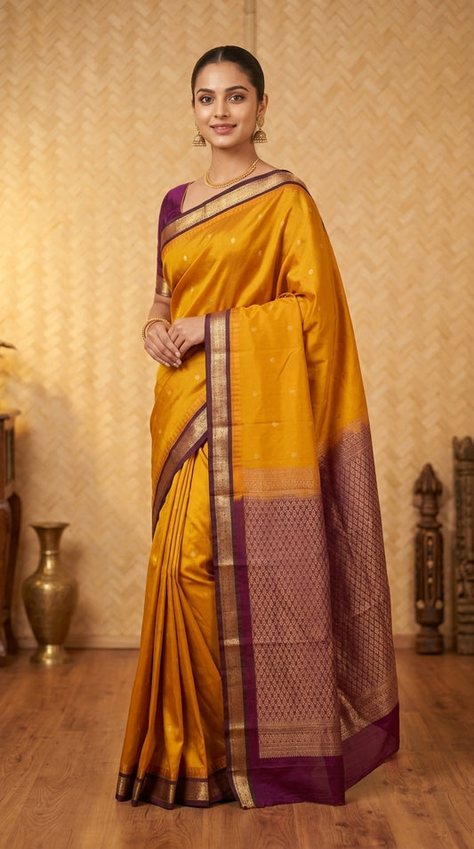 Manjal and wine purple pure touch silk saree