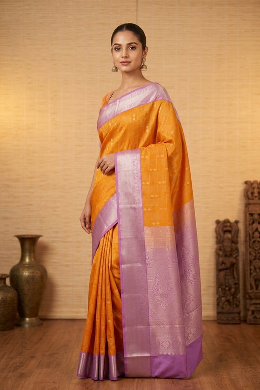 Marigold yellow and lavender soft silk saree