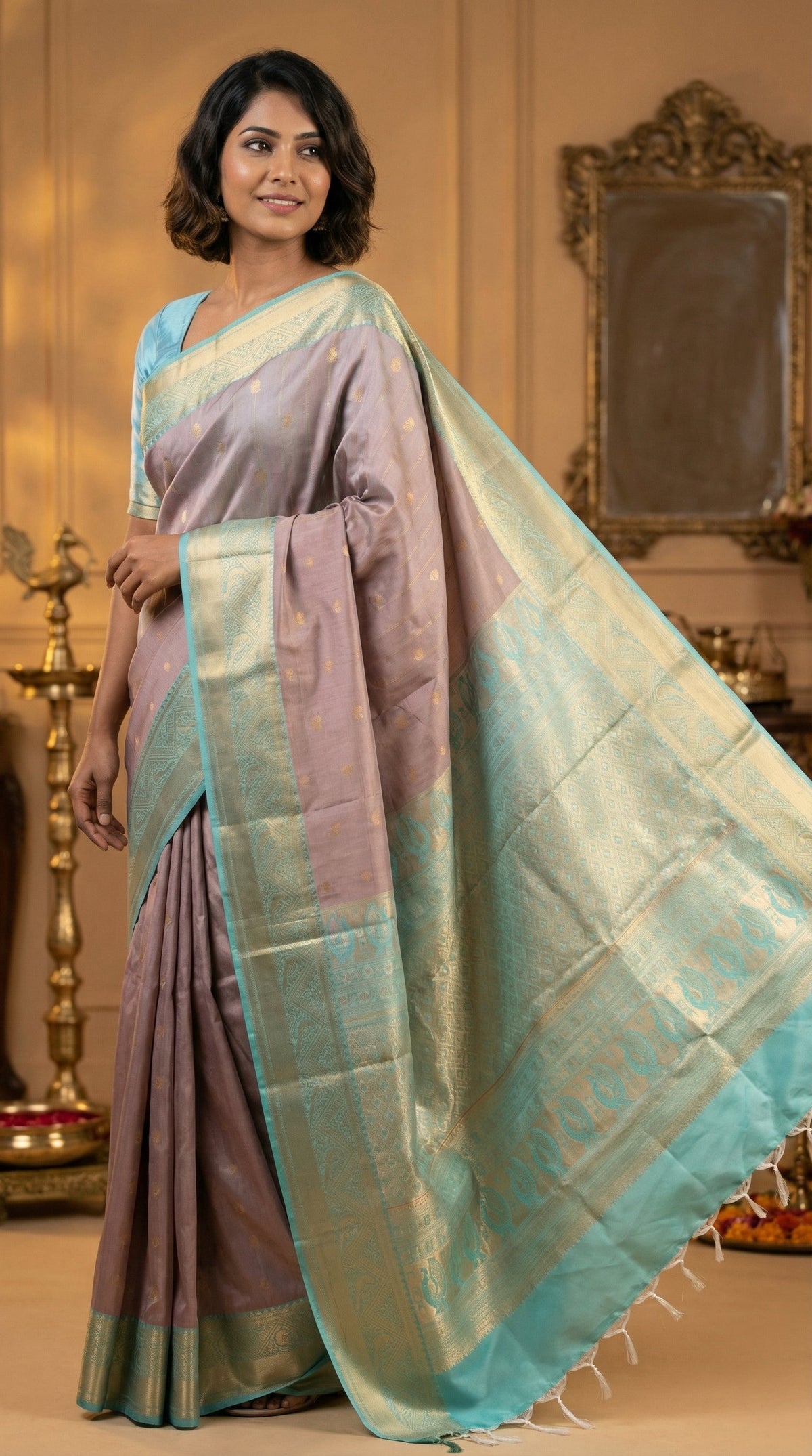 Dusky rose and Ice blue soft silk saree