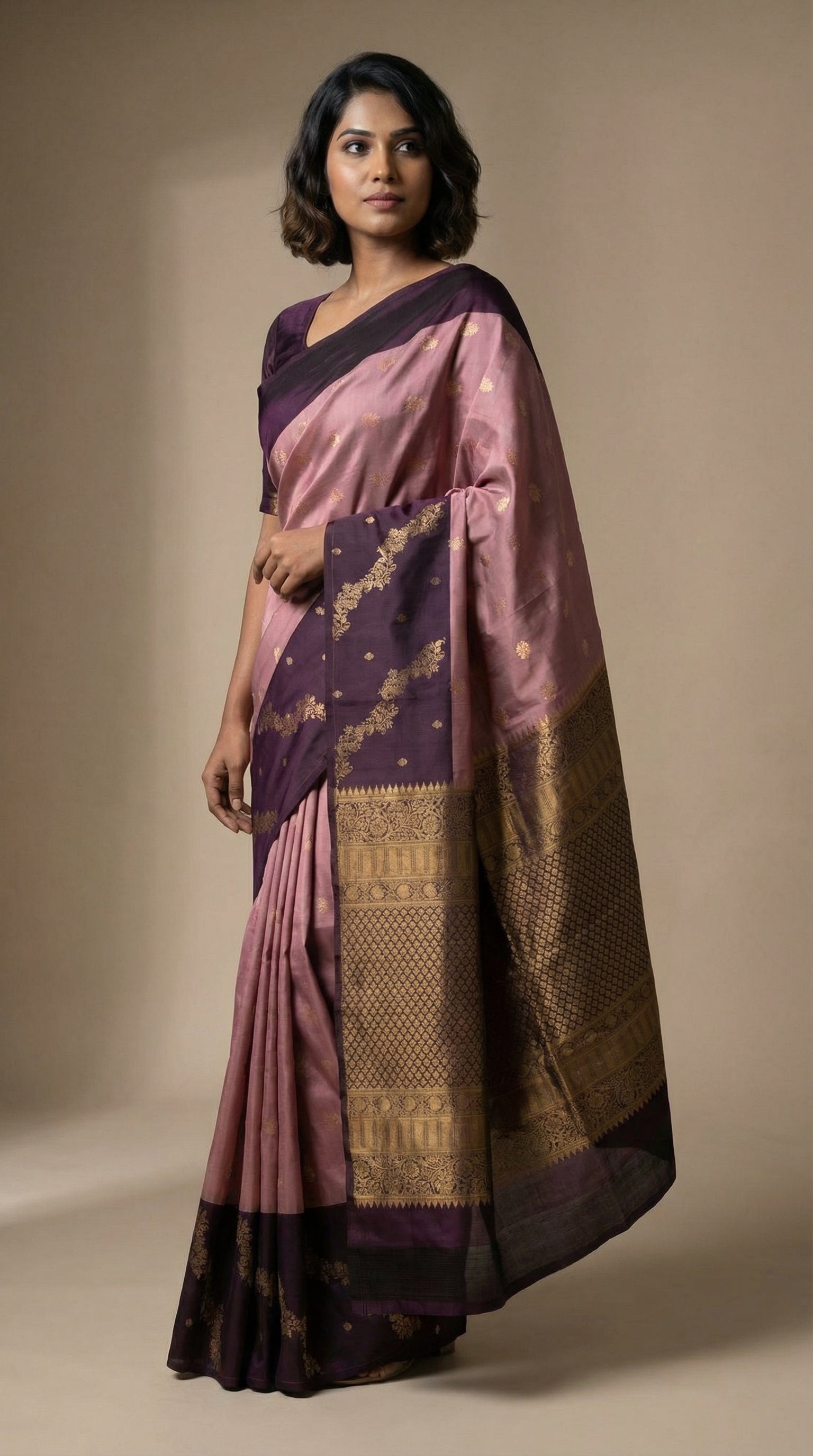 RoseWood Pink and Midnight Purple Designer Pure Touch silk saree