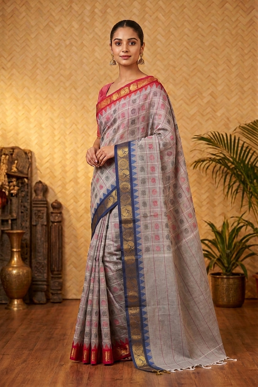 Grey ganga jamuna kanchi cotton saree