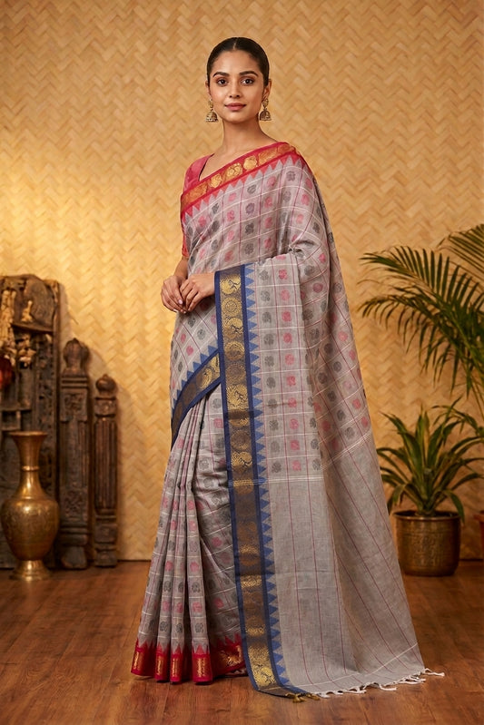 Grey ganga jamuna kanchi cotton saree