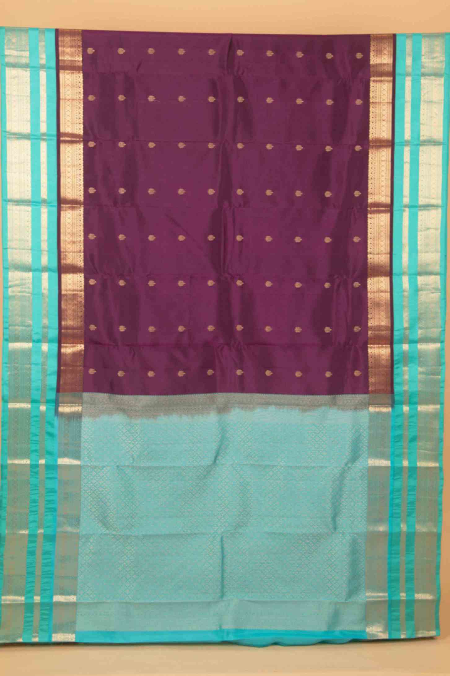 Purple and turquoise korvai pure touch silk saree