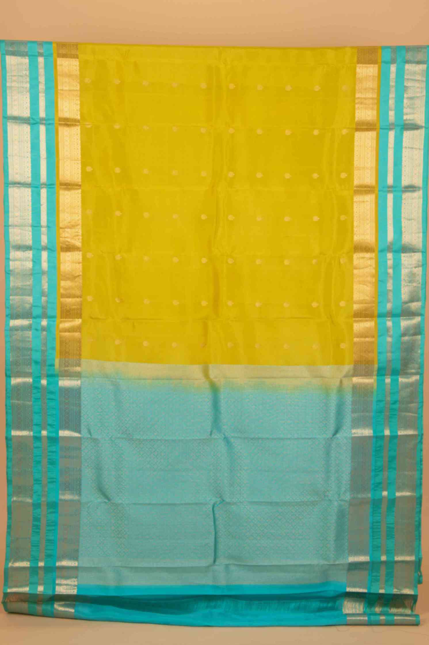 Lime green and turquoise pure touch silk saree