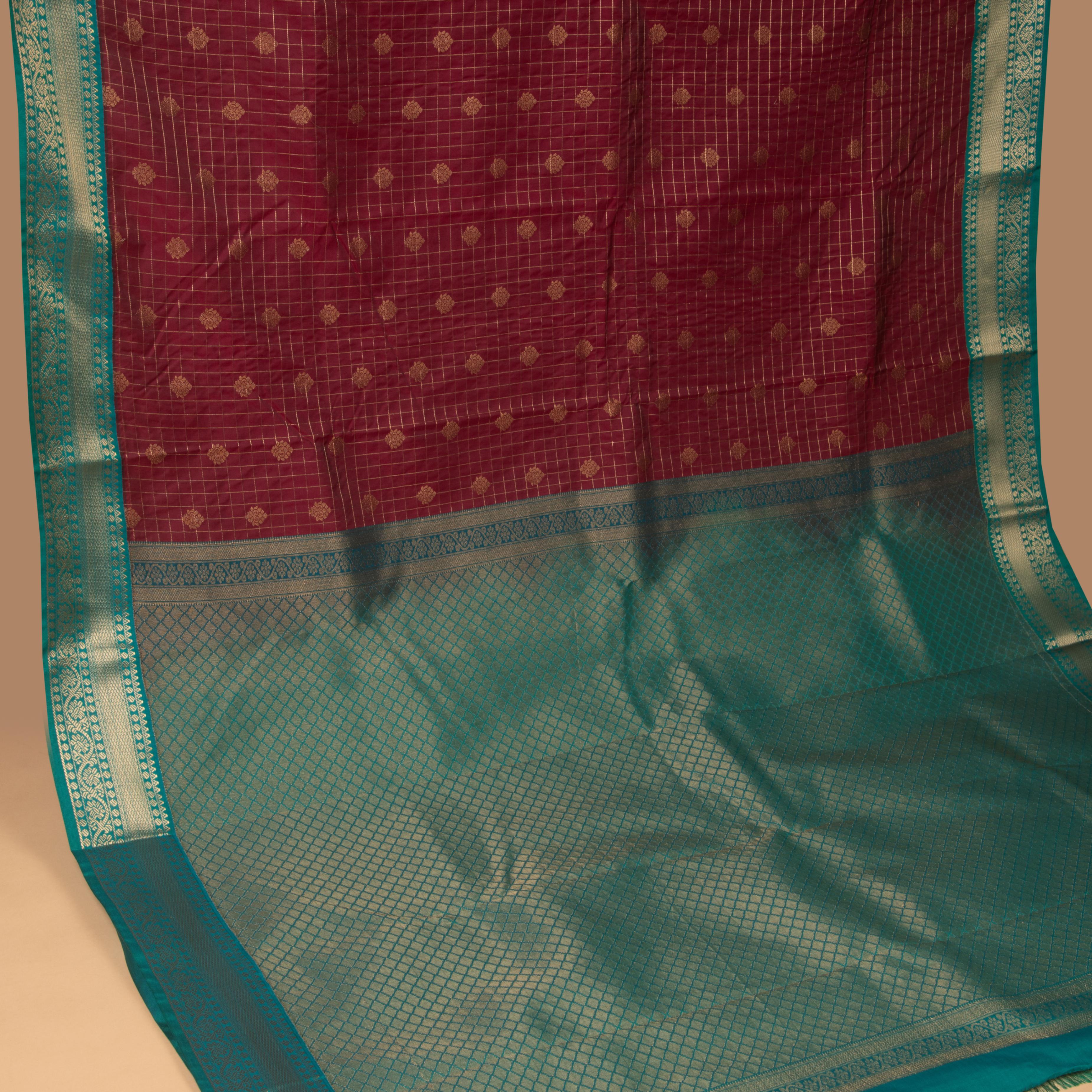Maroon and Teal green semi silk saree