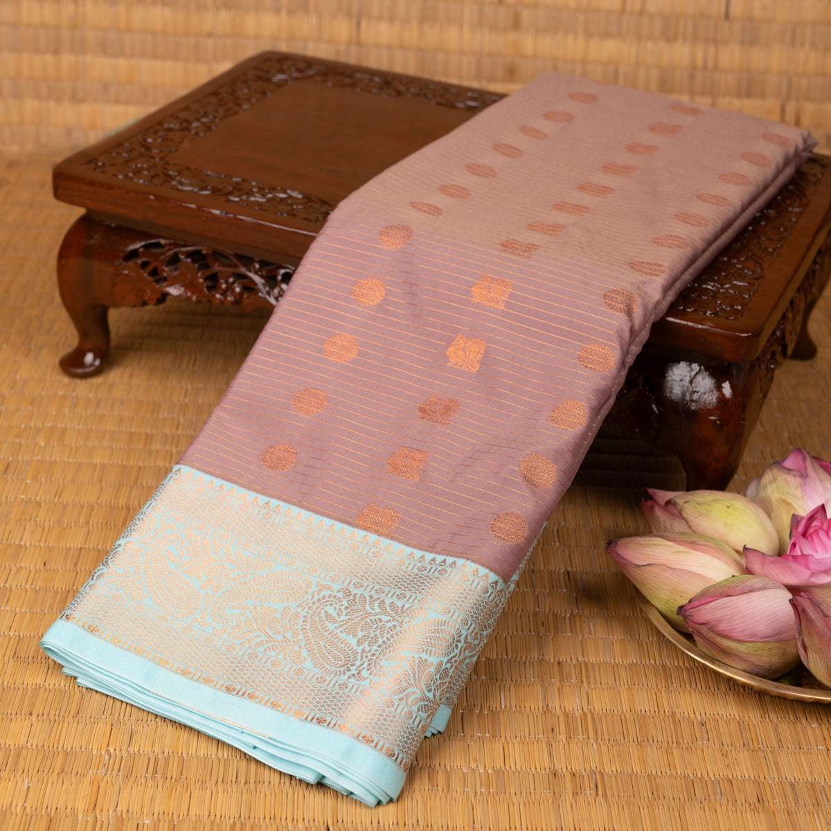 Dusky rose and Ice blue semi silk saree