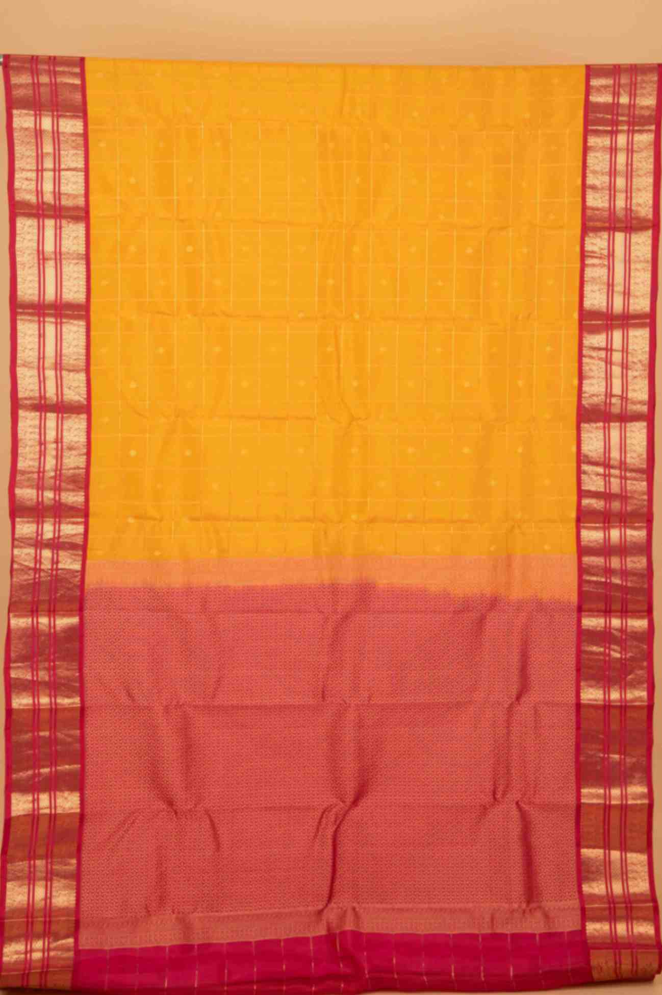 Yellow and pink zari checked silk saree