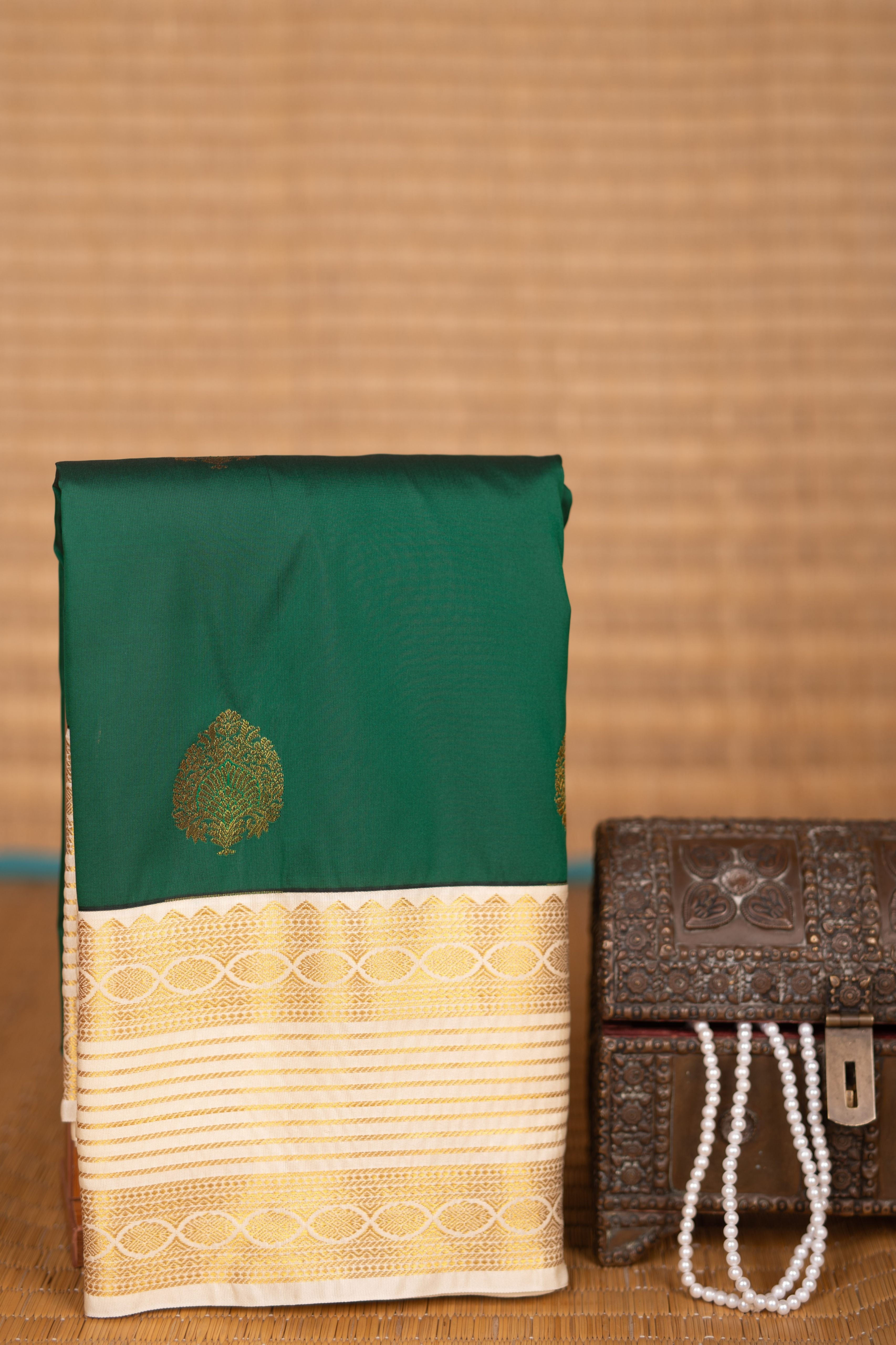 Bottle green and Offwhite Butta semi silk saree