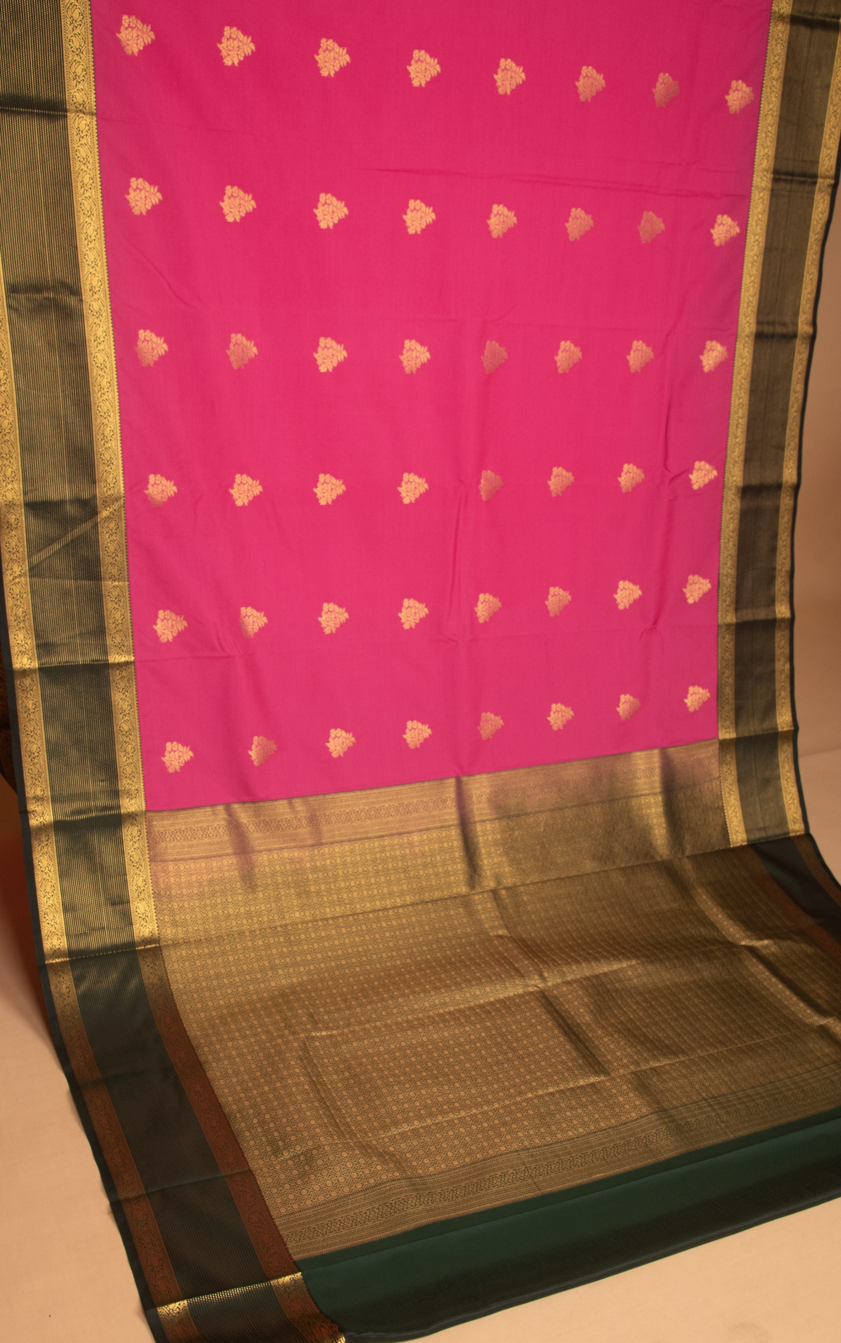 Rose Pink and Bottle green Korvai semi silk saree
