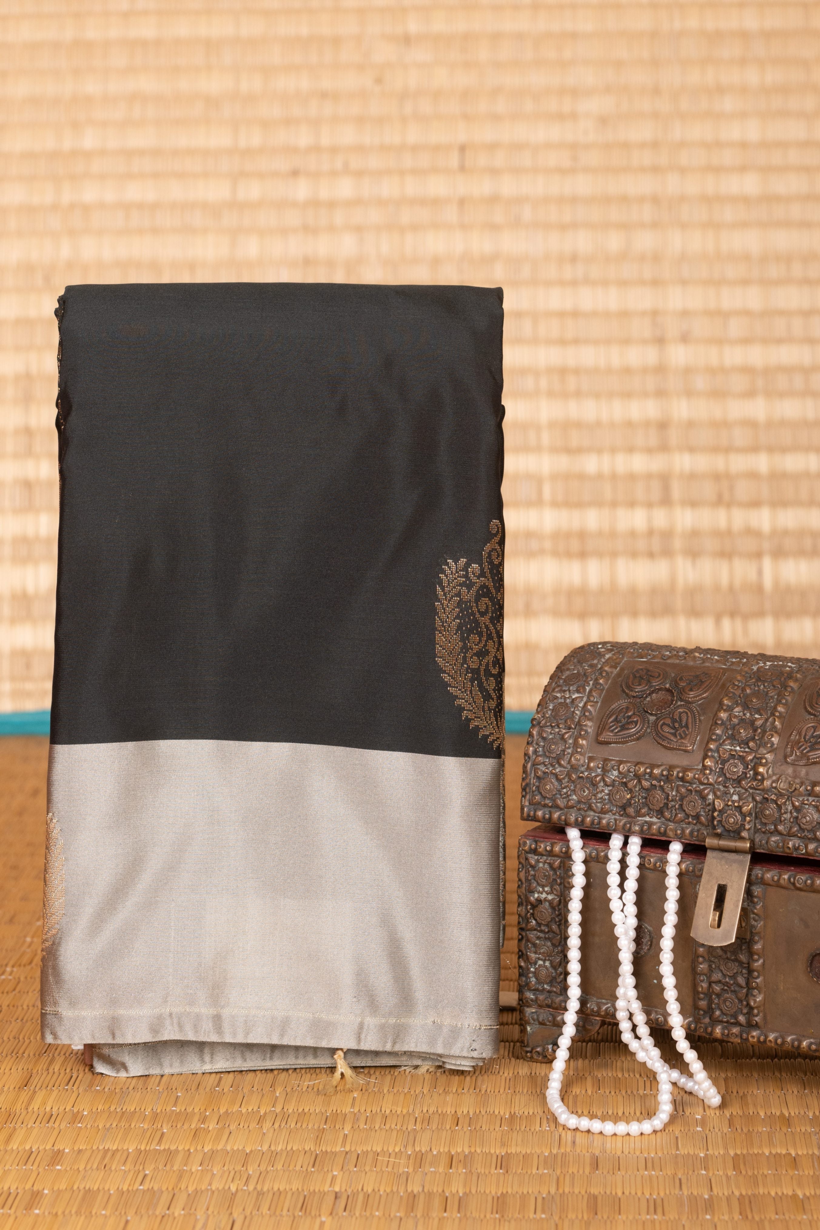 Black and Iron Grey Butta semi silk saree