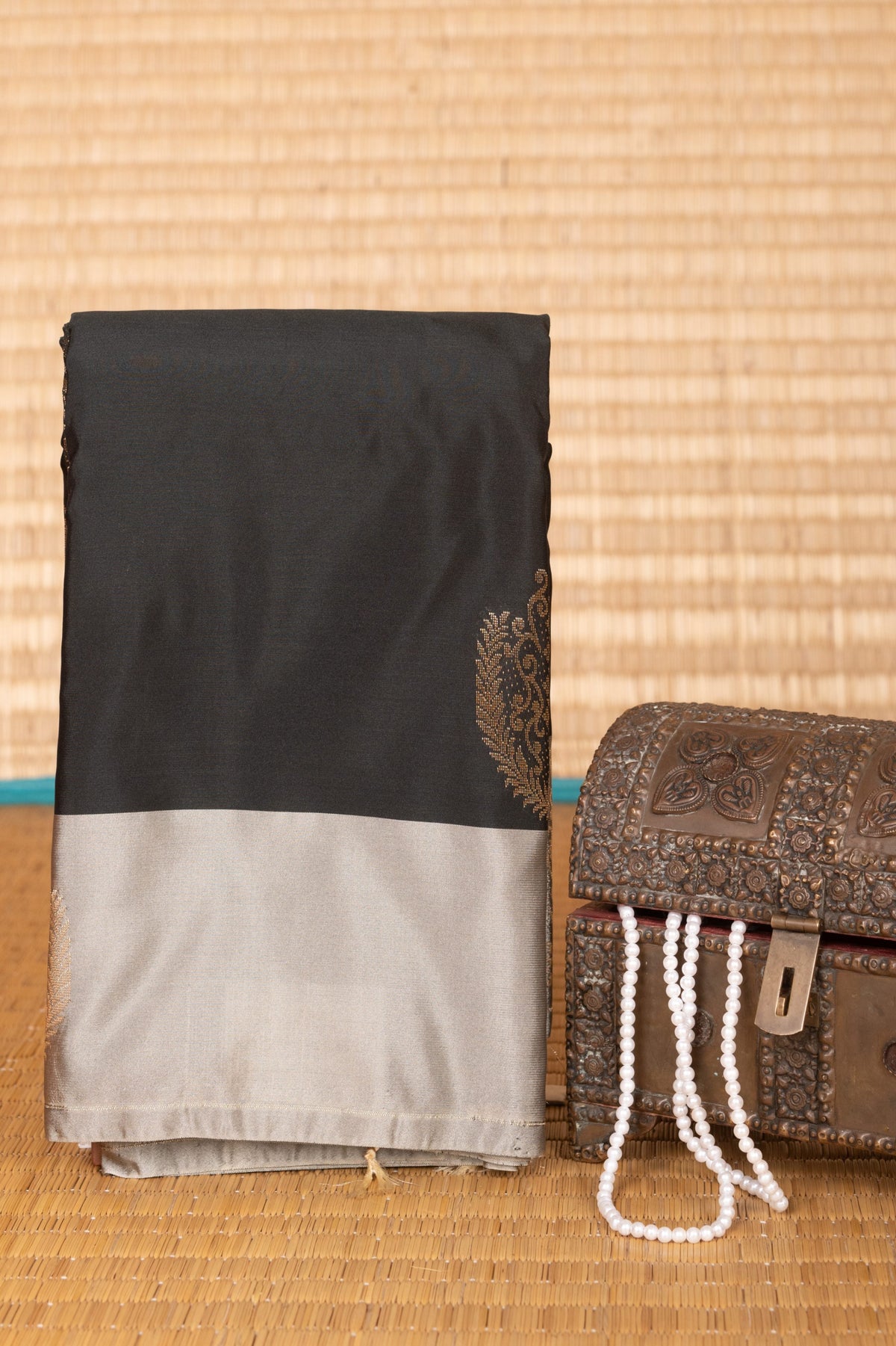 Black and Iron Grey Butta semi silk saree