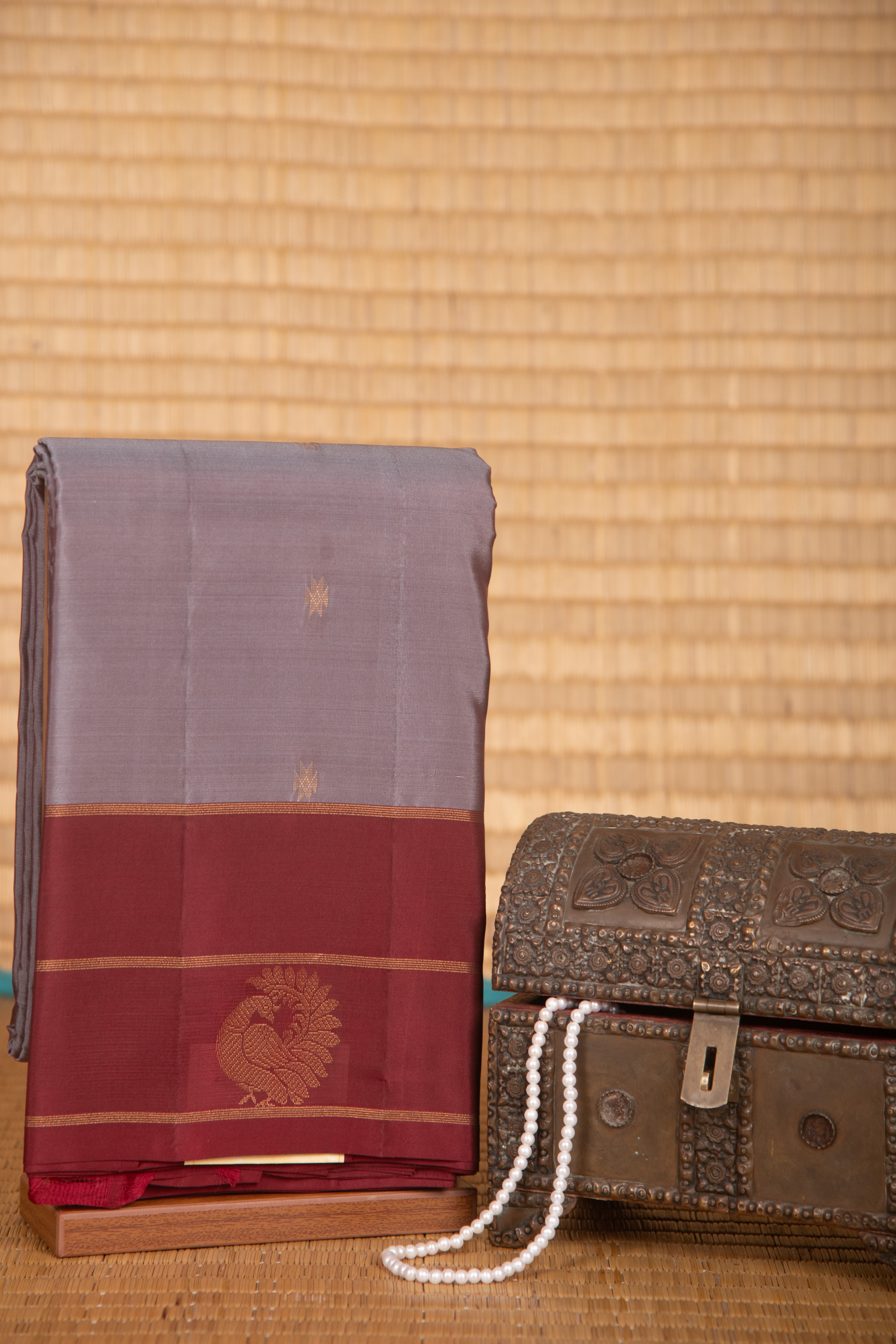Cadet grey and maroon pure touch silk saree