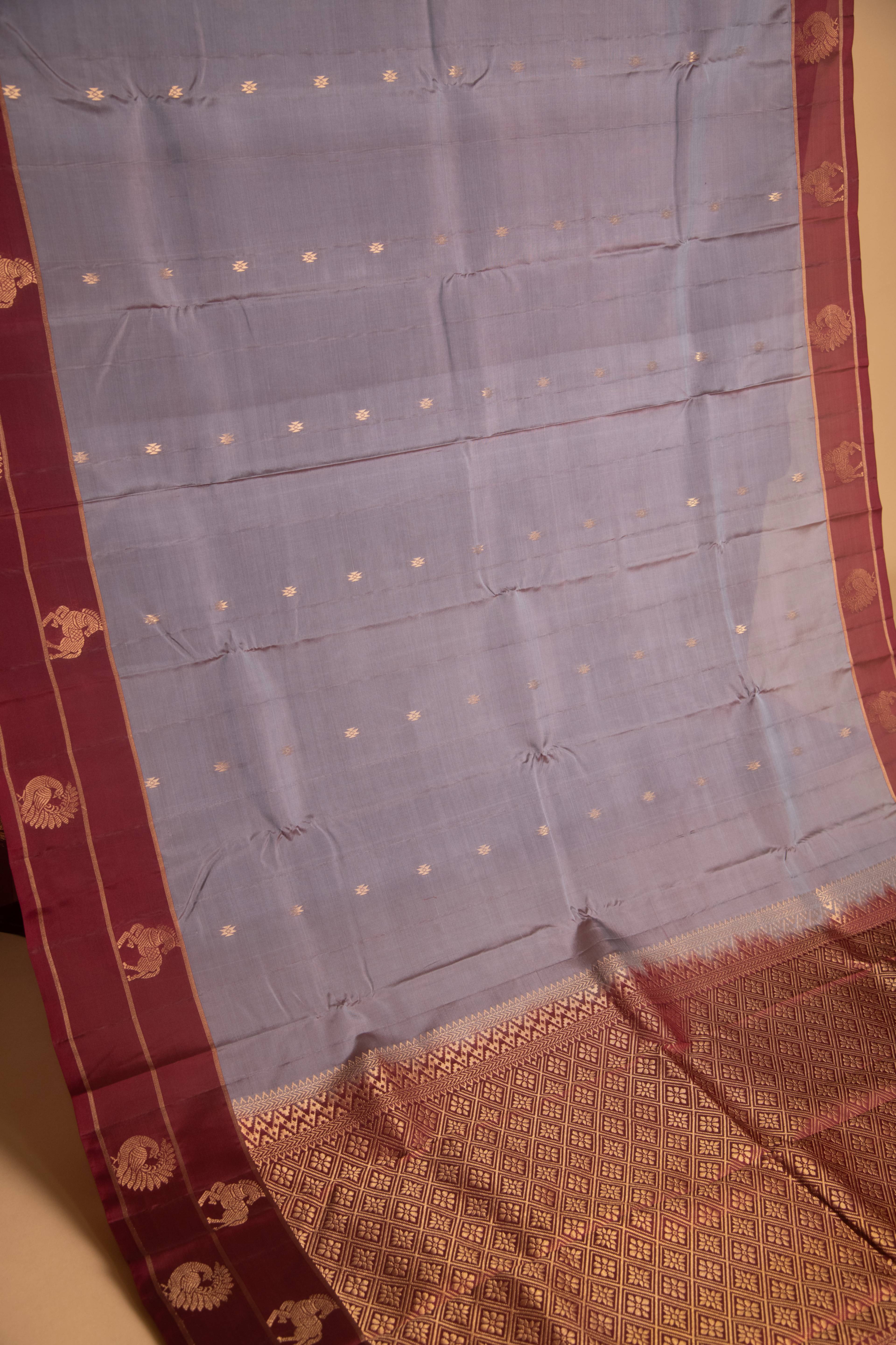 Cadet grey and maroon pure touch silk saree