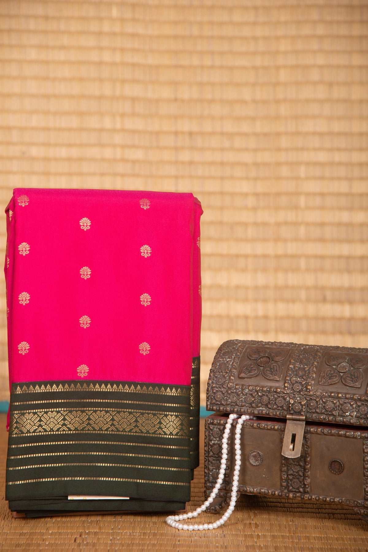 strawberry pink and green semi silk saree