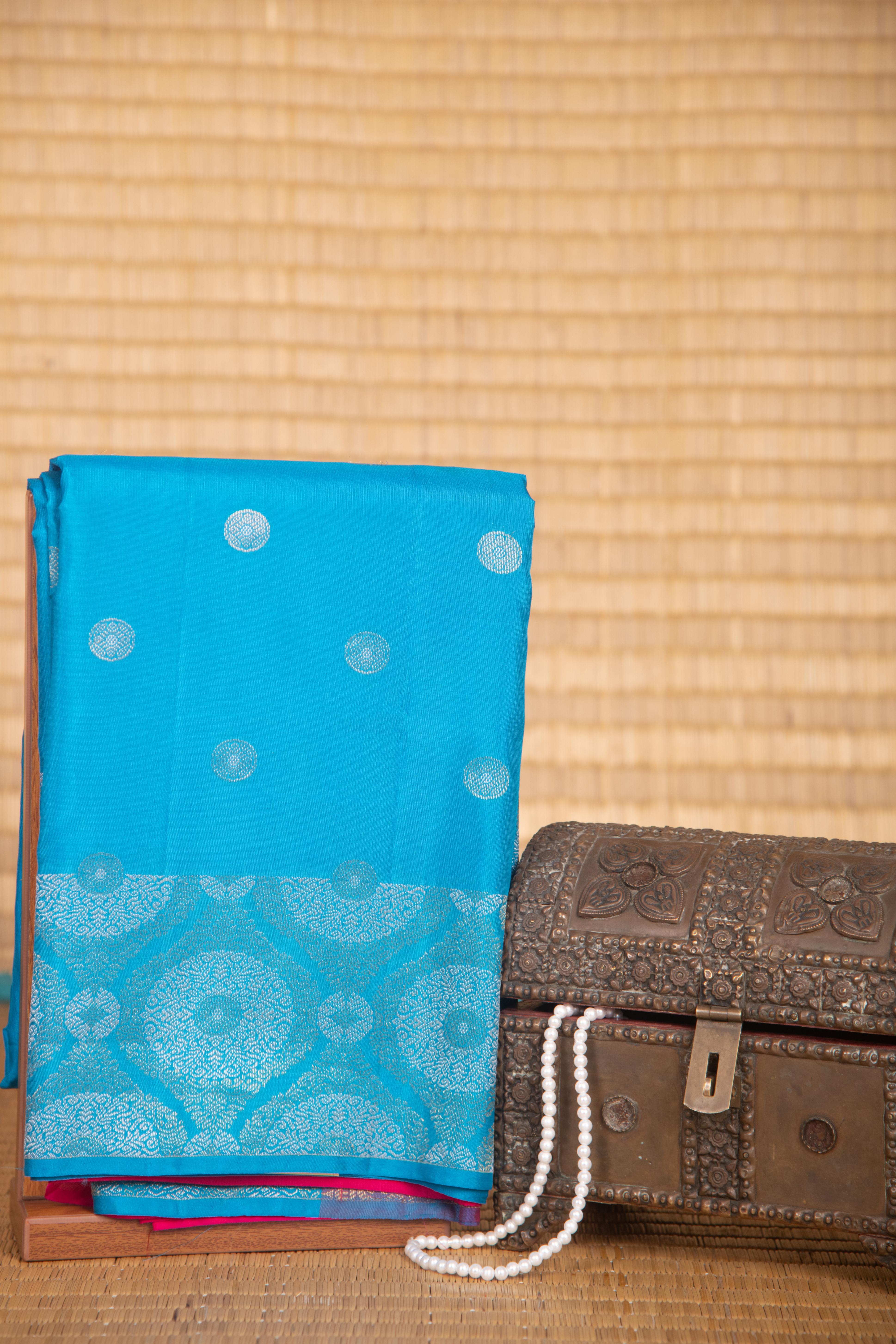 Azure blue and pink designer pure touch silk saree