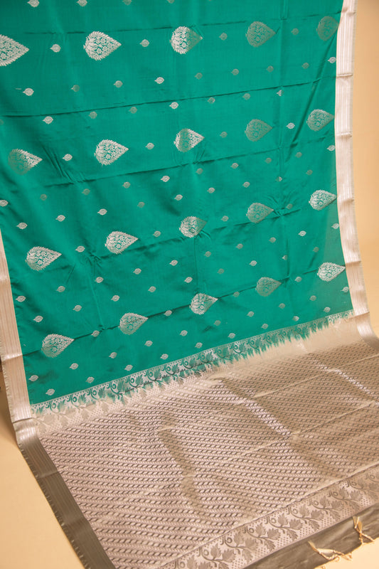 Emerald green and artichoke green semi silk saree