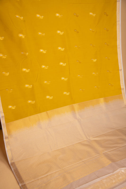Olive yellow and cloud grey semi silk saree
