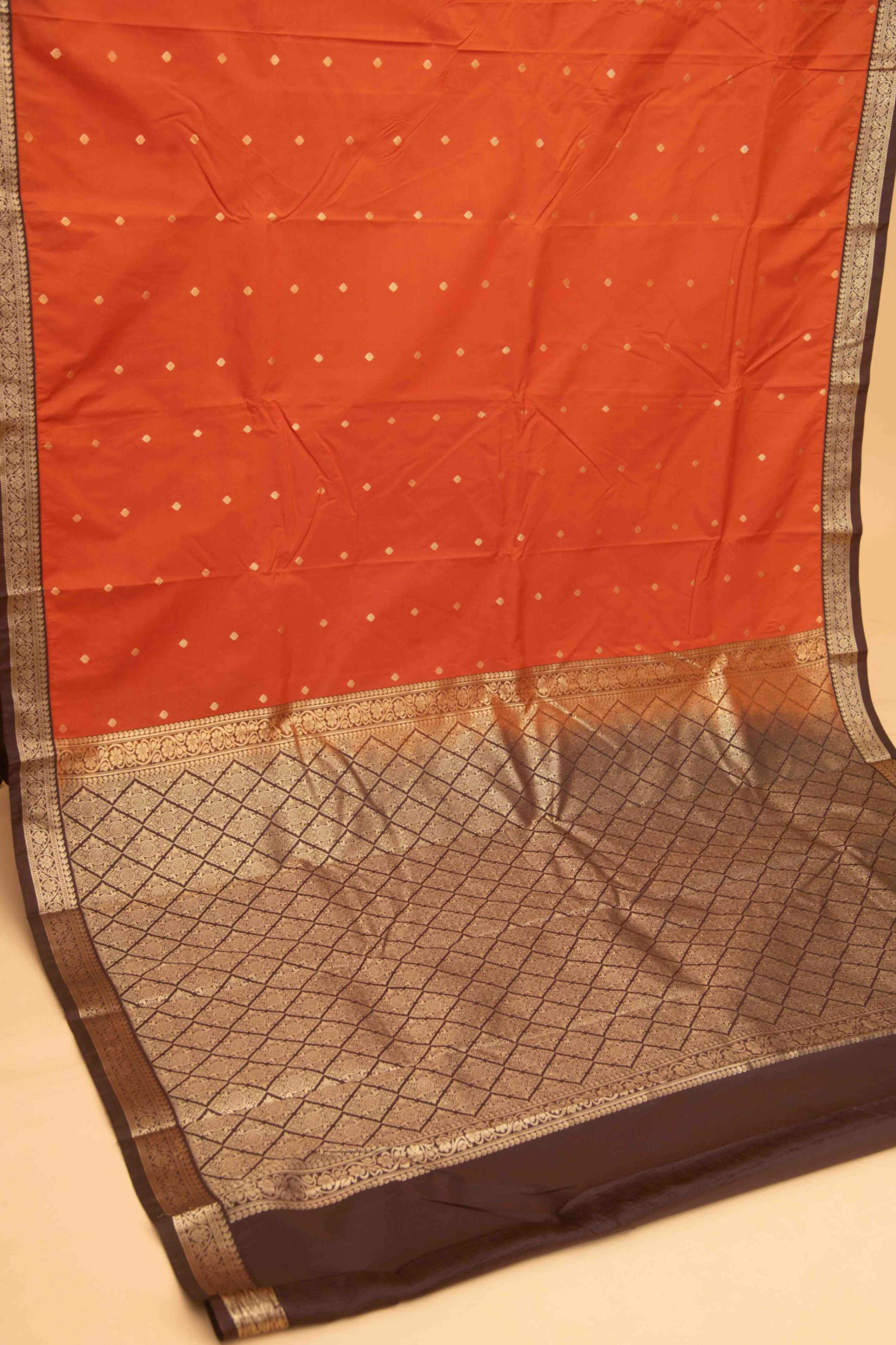 Fire orange and brown semi silk saree