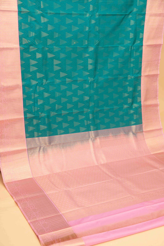 Aqua blue and baby pink brocade semi silk saree
