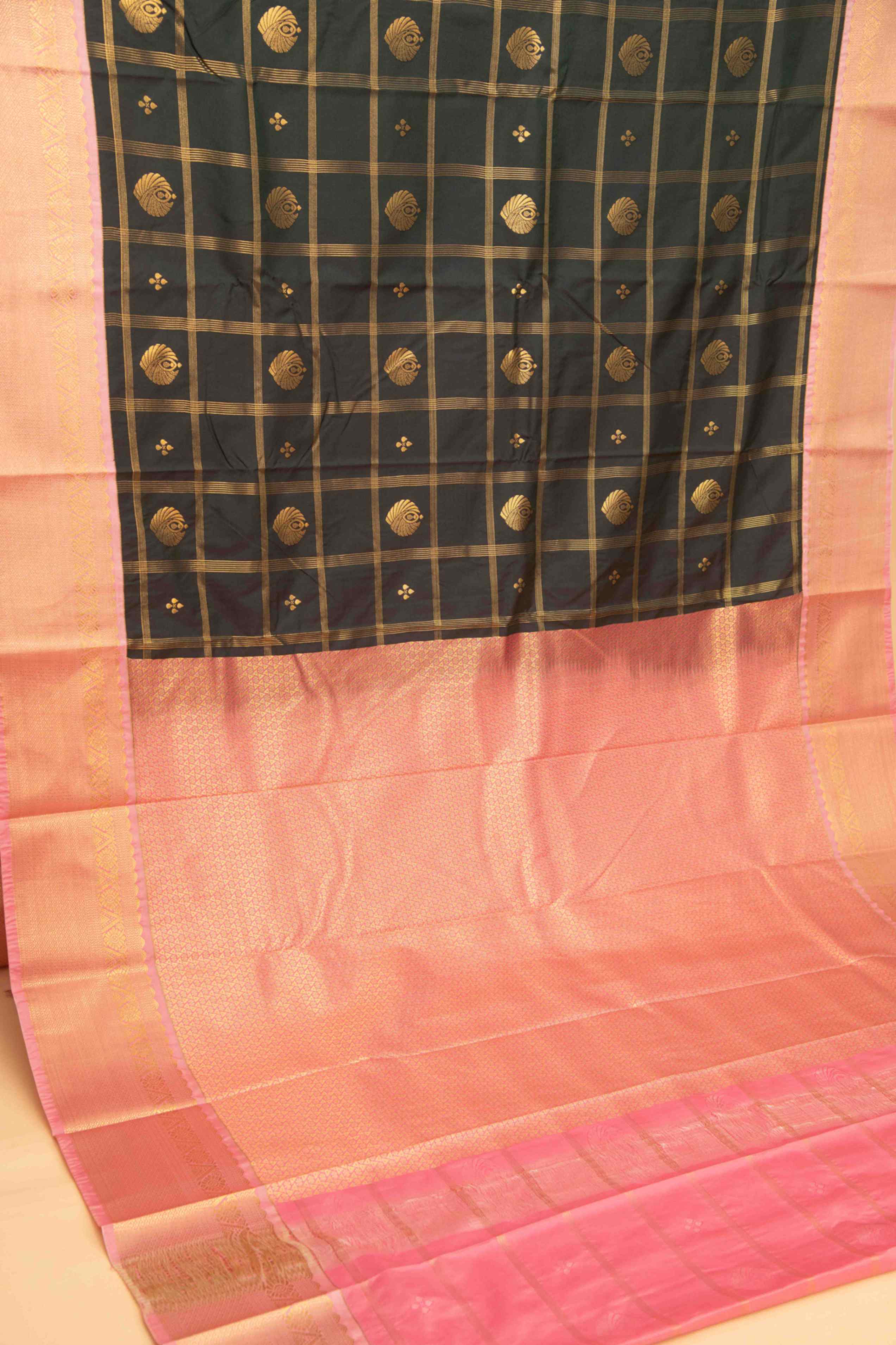 Bottle green and babypink zari kattam semi silk saree