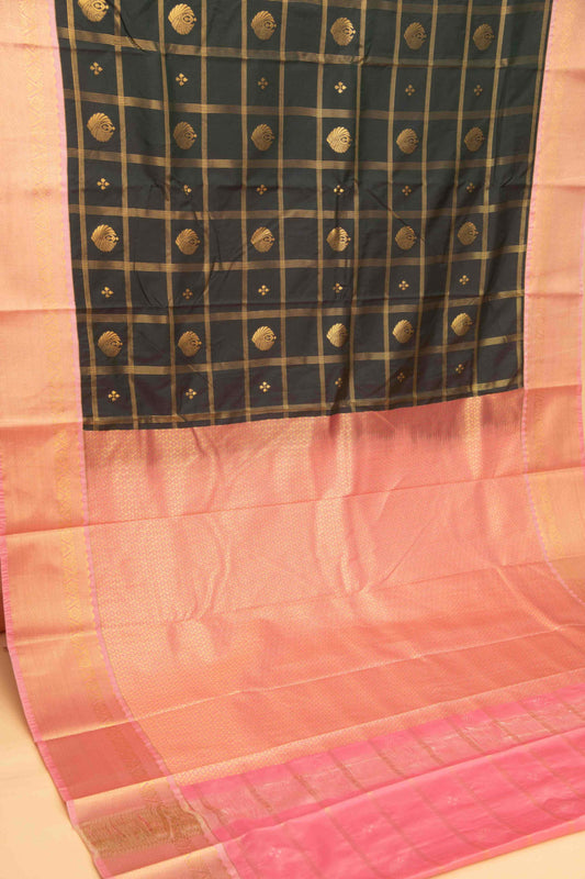 Bottle green and babypink zari kattam semi silk saree
