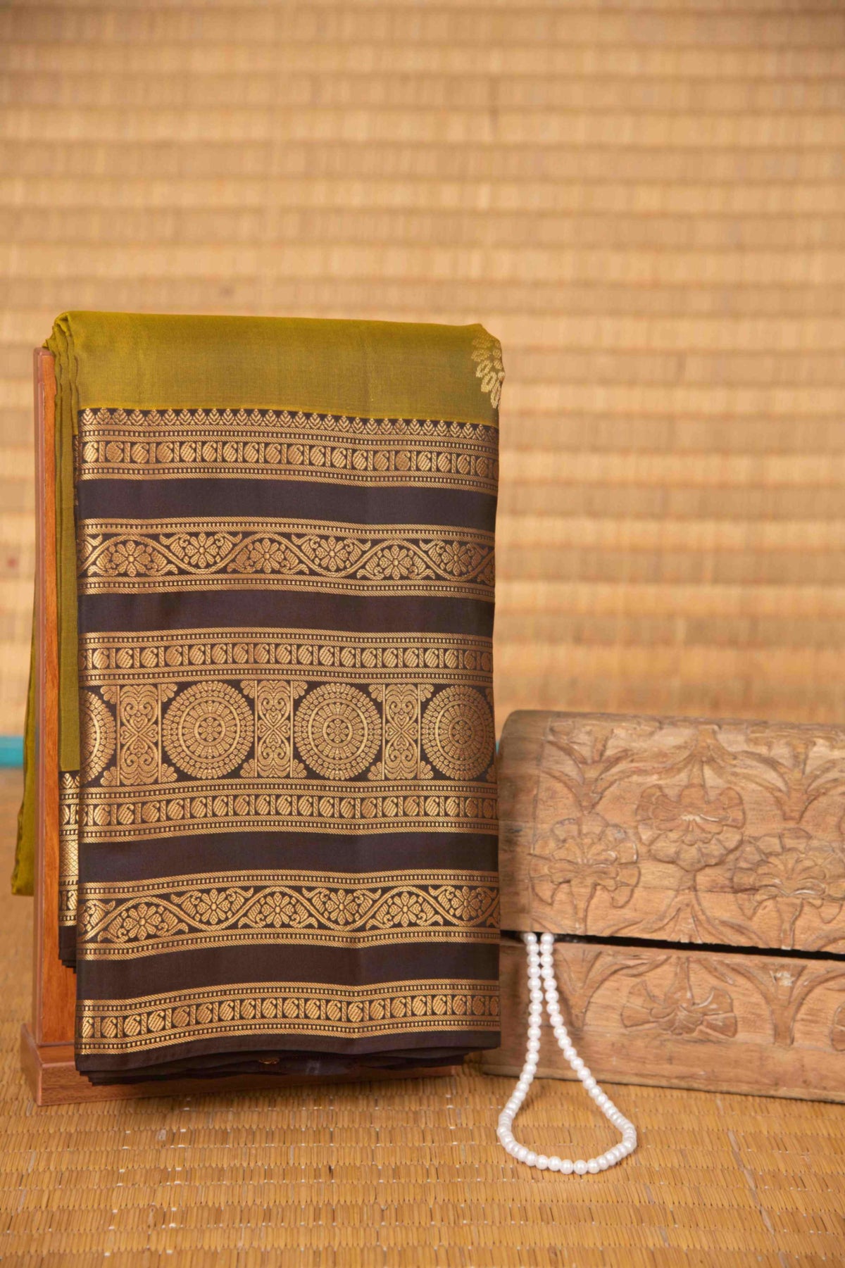 Moong dal green and blackish brown pure touch silk saree