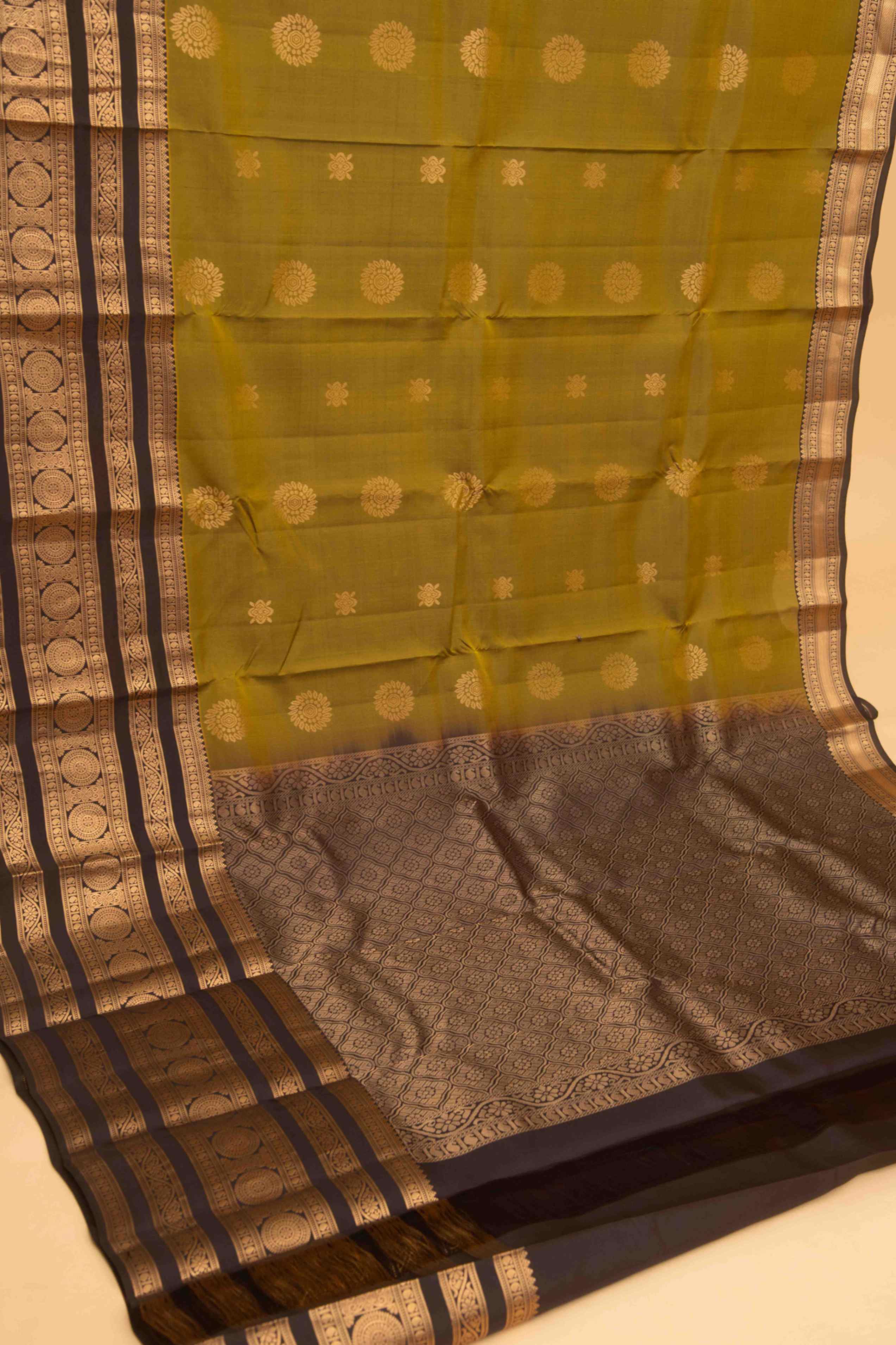 Moong dal green and blackish brown pure touch silk saree