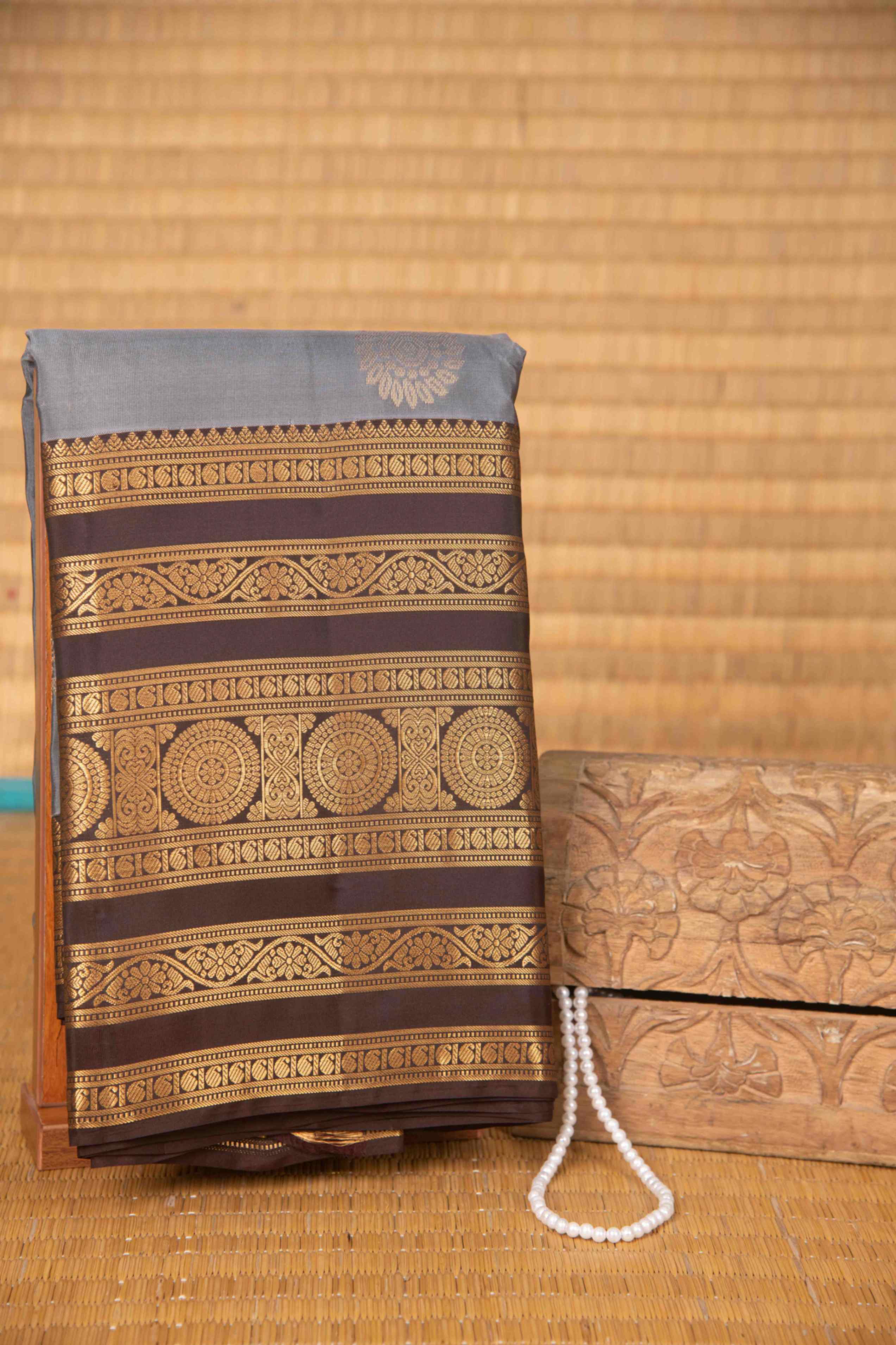Steel grey and brown pure touch silk saree