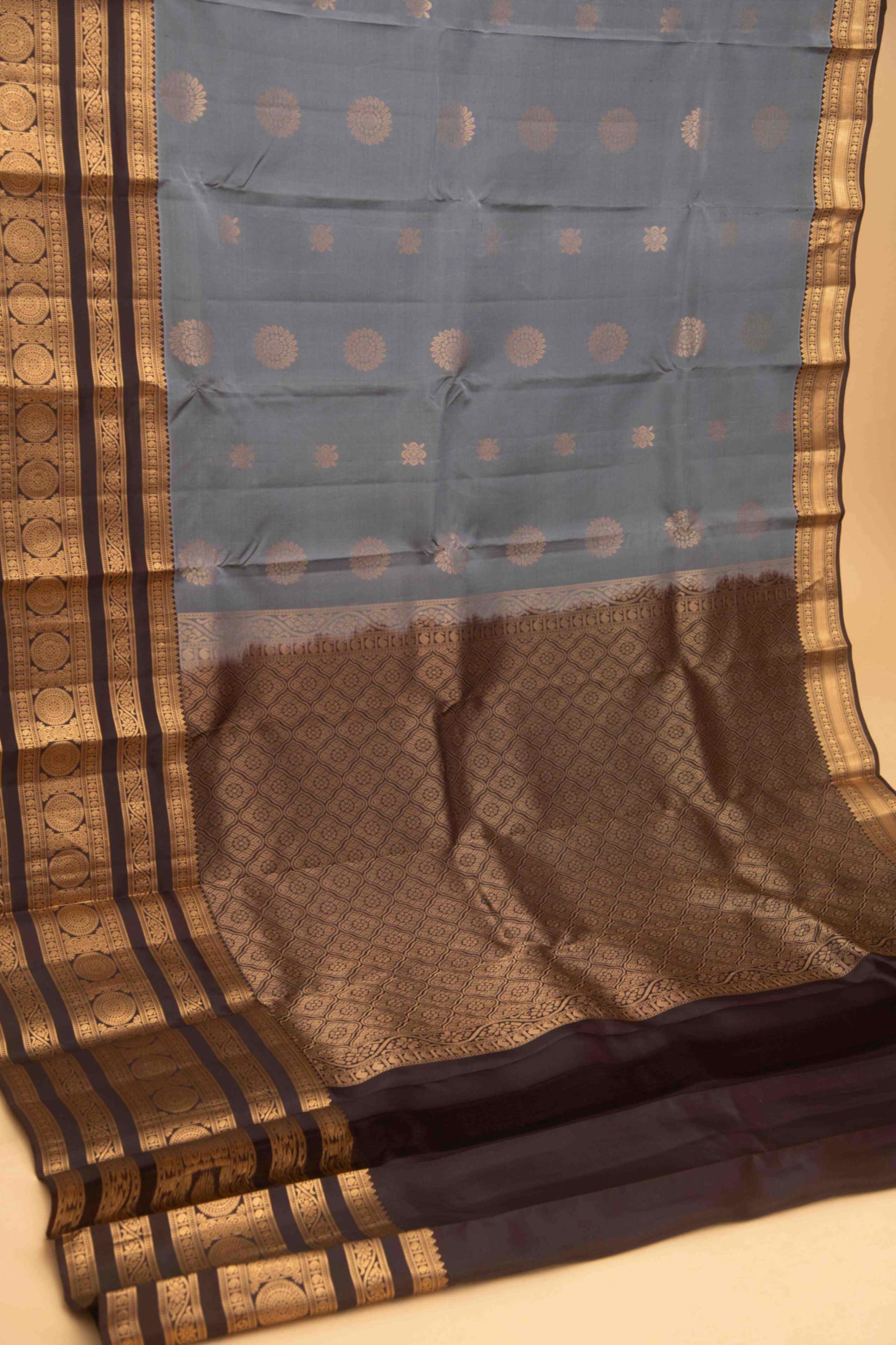 Steel grey and brown pure touch silk saree