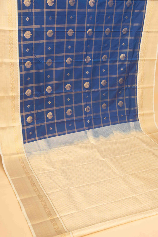 Cobalt blue and cream checked semi silk saree