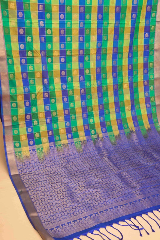 Green and blue multichecks soft silk saree