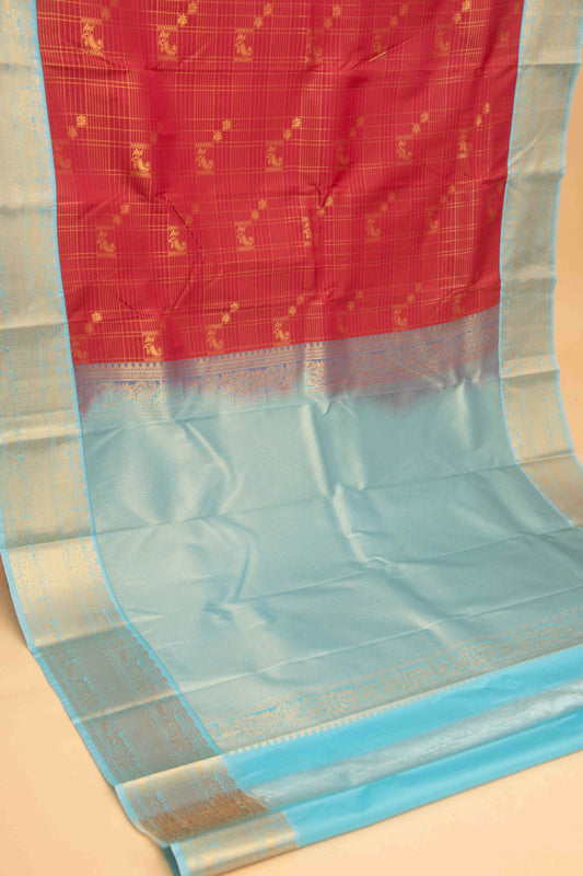 Red and babyblue checks soft silk saree