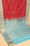 Red and babyblue checks soft silk saree