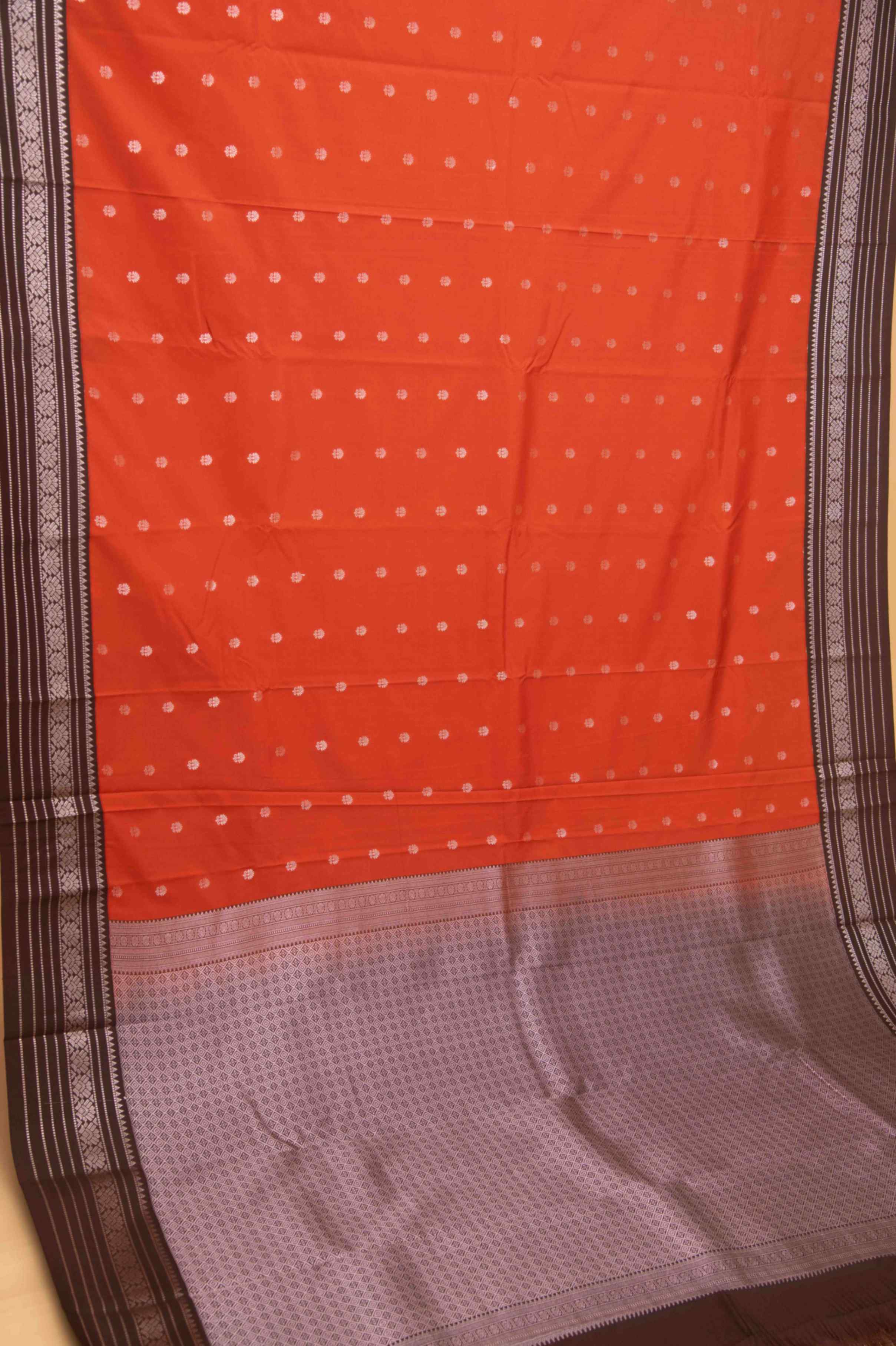 Vermillion orange and brown traditional soft silk saree