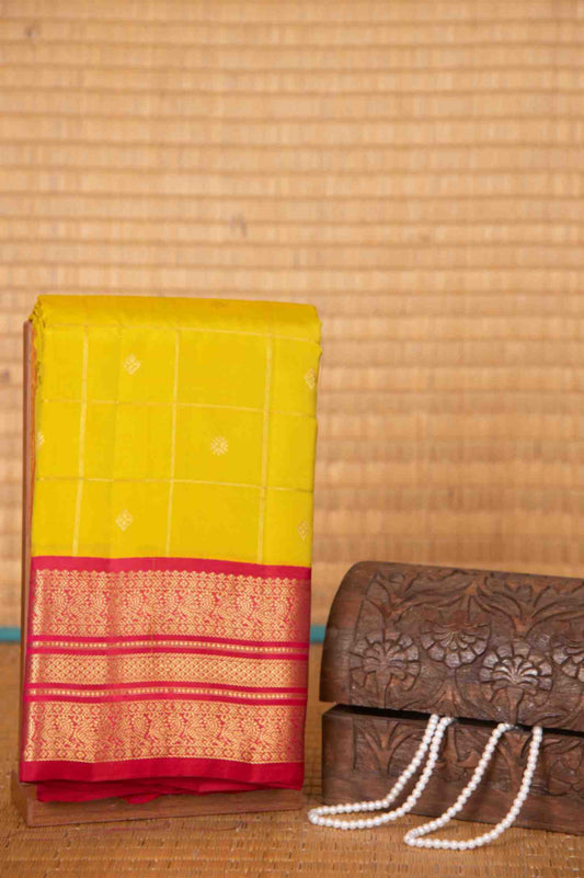 Leaf green and pink checked pure touch silk saree