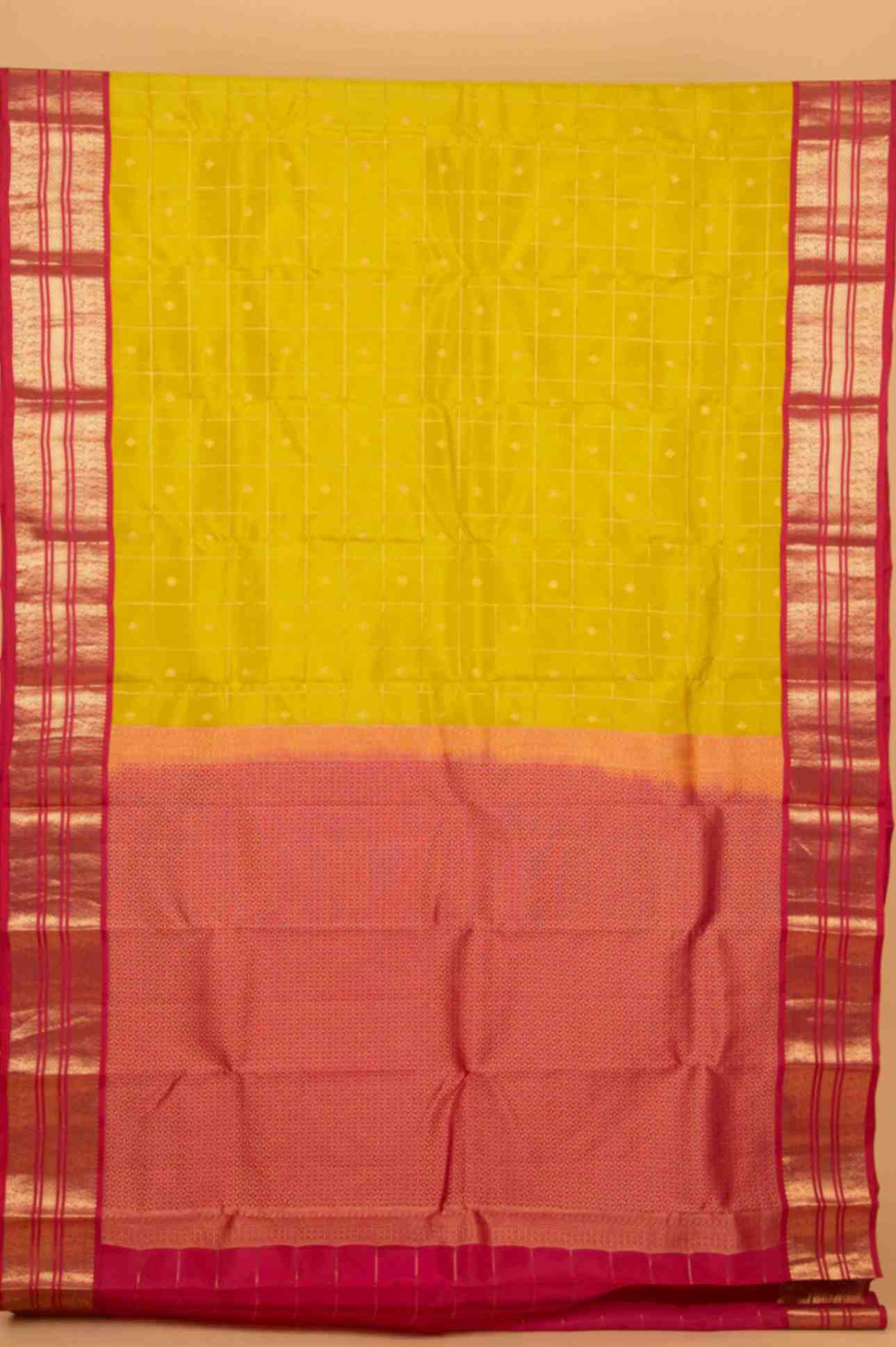 Leaf green and pink checked pure touch silk saree