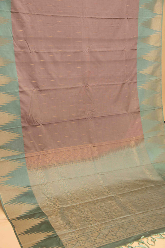 Chickoo and grey temple border soft silk saree