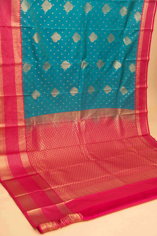 Dual tone aqua blue and pink semi silk saree
